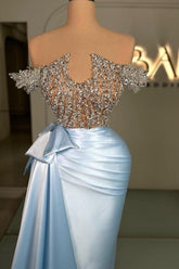 Elegant Blue Strapless Beaded Off-The-Shoulder Column Sleeveless Satin Panel Train Ruffle Evening Dresses With Rhinestones
